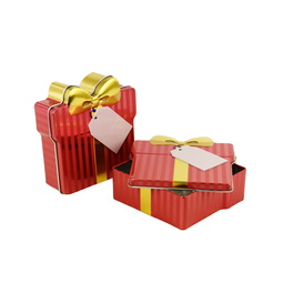 Onze producten: Schmuckdose Geschenkdose rot gestreift mit goldener stilisierter Schleife, Weißblechdose halb geöffnet im Vordergrund liegend, zweite geschlossen stehend