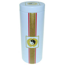 Käsedosen: Dose Yin Yang, für Tee; lange, runde Stülpdeckeldose, weiß, bedruckt, dia. 65/170 mm, aus Weißblech.