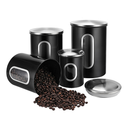 Round tins: Vorratsdosen Edelstahl Set, geöffnet und geschlossen, mit Kaffee